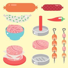 Meat products ingredient and rustic elements preparation equipment food flat vector illustration.