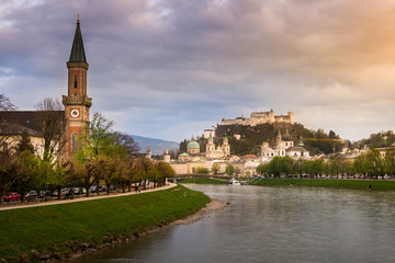 View of Fortress Hohensalzburg. and Salzach river in Salzburg