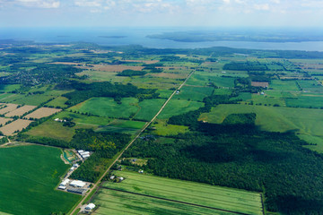 Aerial view of agricultural land at day in Ontario, Canada.
