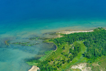 Aerial view of sea and land at day, Toronto, Ontario, Canada.