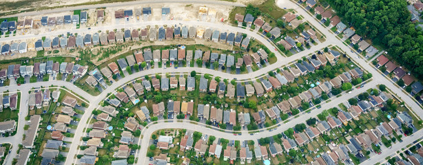 Aerial view of houses in residential suburbs, Toronto, Ontario, Canada.