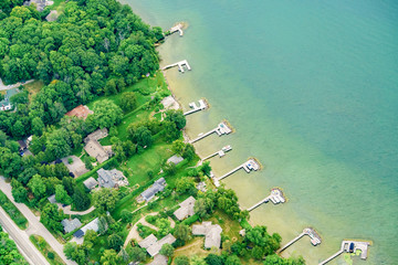 Aerial view of houses at day on waterfront, Toronto, Ontario, Canada.