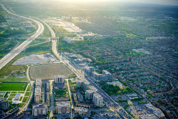 Aerial view of houses in residential suburb, Toronto, Ontario, Canada.