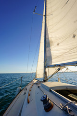 Sailboat at sea with view of horizon, Toronto, Ontario, Canada.