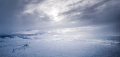 Aerial view of polar landscape and stormy sky, Iceland, Europe.