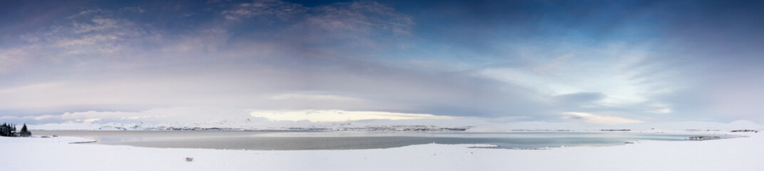 Naklejka premium Horizontal, panoramic snow covered landscape scenic at day, Iceland, Europe.