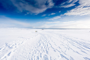 Deep snow covered landscape, tracks and blue sky, Iceland, Europe.