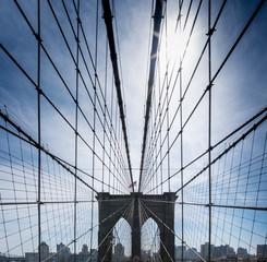 Low angle view of cables on Brooklyn Bridge, New York City, USA.