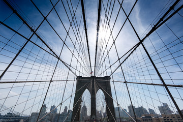 Low angle view of cables on Brooklyn Bridge, New York City, USA.