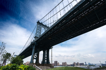 Low angle view of the underside of Manhattan Bridge, New York City, USA.