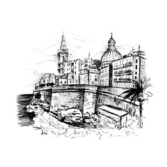 Black and white sketch of embankment of Valletta, Malta. Picture made liner