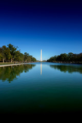 Distant view of Washington obelisk and Reflecting Pool, Washington DC, USA.