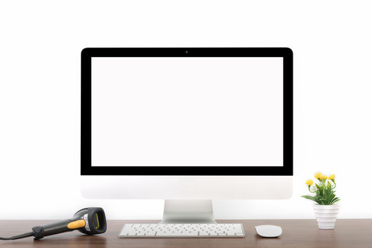 black barcode scanner with monitor on white background