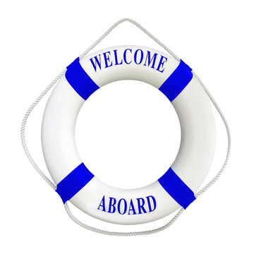 White color Life buoyancy with  blue stripes and  text welcome aboard on it. Perfect for greeting concept.Isolated on white background with clipping path work.