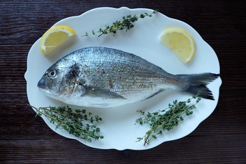 Fresh fish with lemon and thyme on a plate