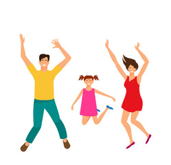 Father, Mother and Daughter Jumping. Happy Family Isolated