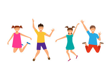Fototapeta na wymiar Happy Cartoon Cheerful Young Girls and Boys Jumping. Children Isolated