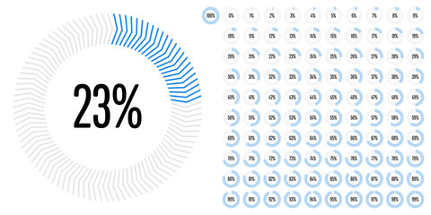 Set of circle percentage diagrams from 0 to 100 ready-to-use for web design, user interface (UI) or infographic - indicator with blue
