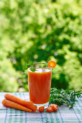 Carrot juice and fresh carrots on a natural green background