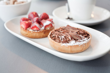 Chocolate flan with strawberry flan