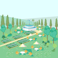 Summer recreation Park with a fountain, tables and trees