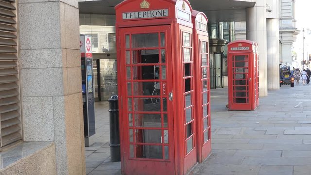 Red English telephone booths. London. 