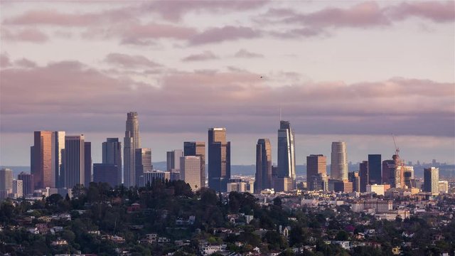 Downtown Los Angeles With Pink Clouds Very Close Day Timelapse