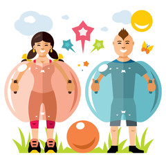Vector Zorbing soccer. Bumper Ball sign. Two inflatable Zorb. Outdoor Sport game. Flat style colorful Cartoon illustration.