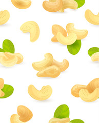 seamless texture with cashews and leaves on white background for