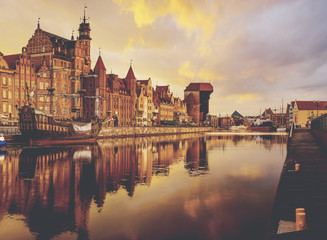 Plakat colorful gothic facades of the old town in Gdansk, Poland, on sunset