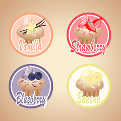 cupcake icon set.cupcake with strawberry blueberry banana split and vanilla.sweet classic breakfast.vector illustration.