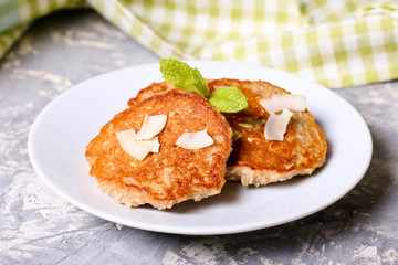 Cottage cheese pancakes with banana, decorated mint