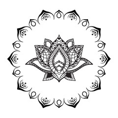 Naklejka premium Hand drawn Lotus with mandala frame. Oriental ornaments for greeting card, invitation, yoga poster, coloring book.