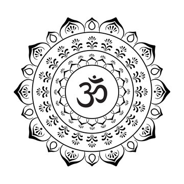 Om symbol with hand drawn mandala. Oriental decorative ornament  can be used for greeting card, wedding invitation, yoga poster, coloring book.