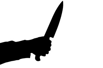 Isolated human hand with killing kitchen knife silhouette (shadow) on white background. Graphic resources for designers and criminal news and chronicles.