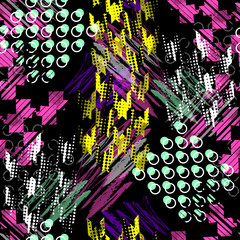Materiał do szycia Seamless pattern memphis design. Urban background with houndstooth elements, dots, strokes and watercolor effect. Textile print for bed linen, jacket, package design, fabric and fashion concepts.