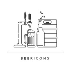 A beer mug, a bottle, a crane, a keg. Isolated vector linear icons for menu, brochure, flyer.