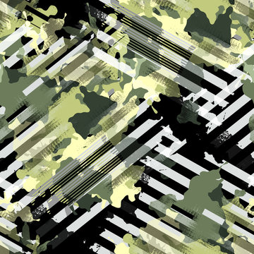 Seamless pattern camouflage design. Striped background with camo elements and watercolor effect. Textile print for bed linen, jacket, package design, fabric and fashion concepts.
