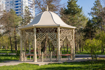 Volgograd. Russia-27 April 2017 Gazebo in the Park of Friendship: Volgograd - Baku in Central Park...