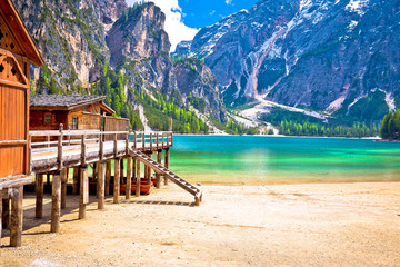 Lago di Braies turquoise water and Dolomites Alps view