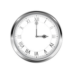 Clock with roman numerals and chrome frame. Three o'clock