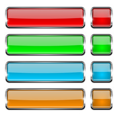 Colored rectangle and square glass buttons with metal frame