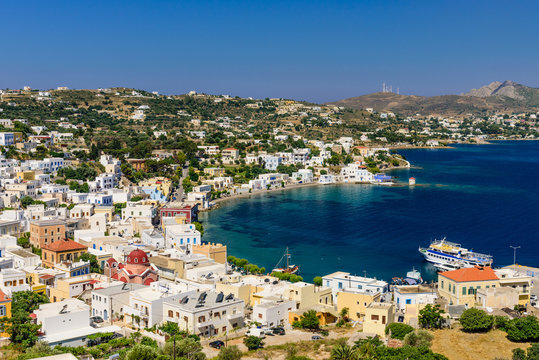 The picturesque coastline of Agia Marina village, Leros island, Dodecanese, Greece