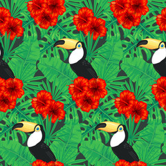 Naklejka premium Tropical pattern. Seamless vector pattern with palm banana and monstera leaves, toucan and hibiscus flowers.