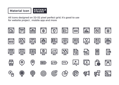 Online Marketing and Seo Icon.Material Outline Icons set for website and mobile app ,Pixel perfect icon, Editable Stroke.