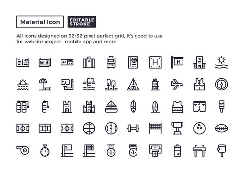 Travel and Sport Icon.Material Outline Icons set for website and mobile app ,Pixel perfect icon, Editable Stroke.