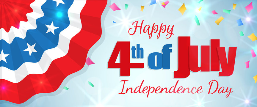 Happy 4th of July, Independence Day greeting card horizontal banner with a cracker and confetti, paper patriotic bunting. Happy July Fourth. Vector