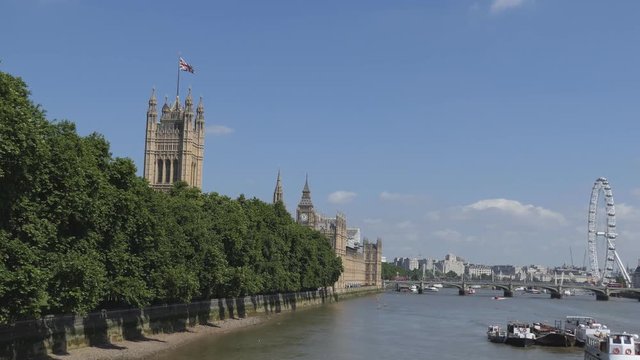 A flag of Britain and a view of the embankment.