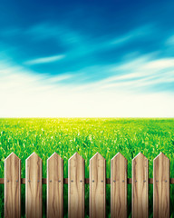 Fototapeta premium Wooden fence in green field