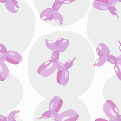 Classic balloon dog. Vector seamless pattern of cute cartoon bubble animal in soft pink color isolated on white background. Design element for wrapping, card, t-shirt print, invitation, accessories
